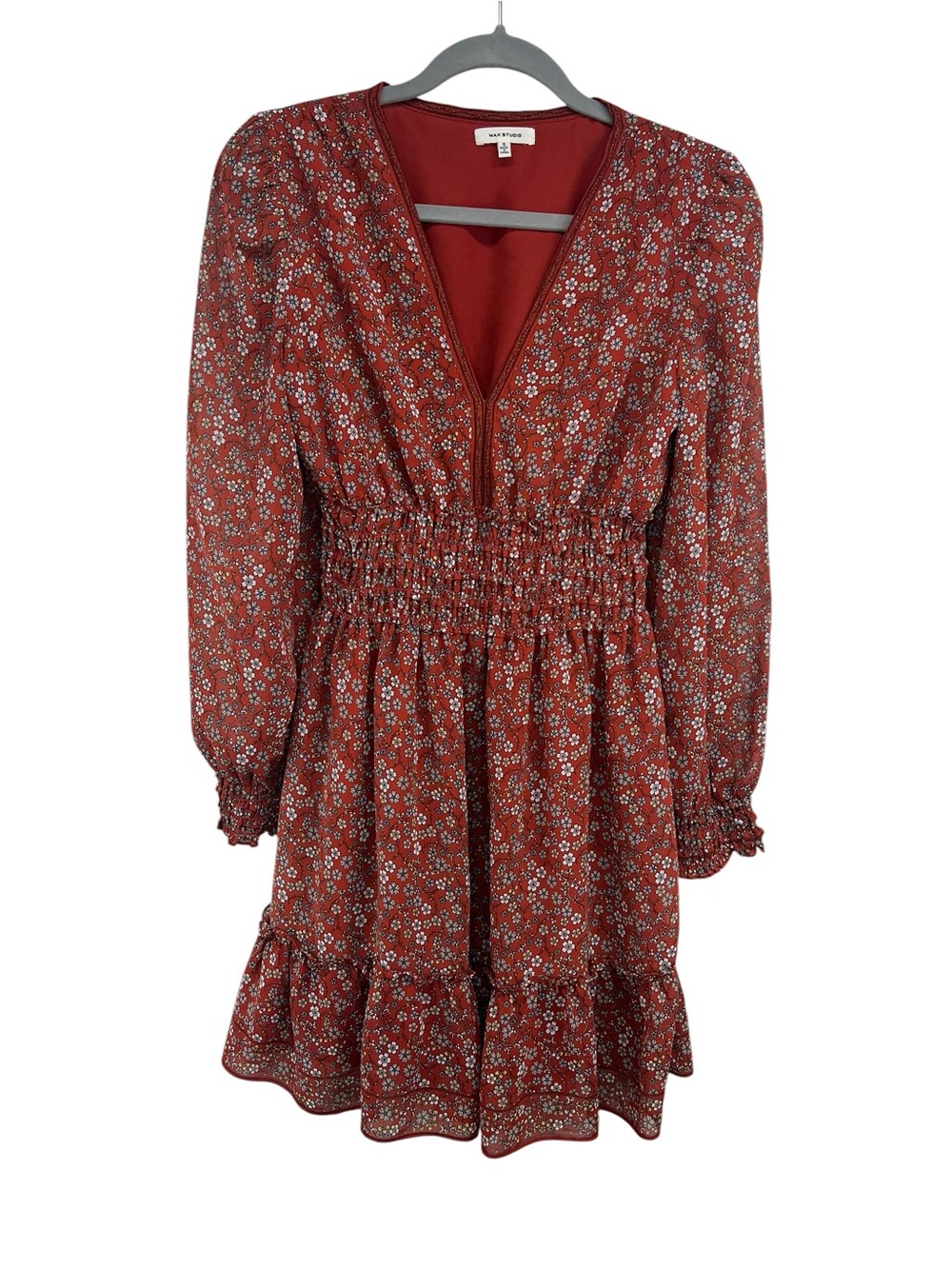 Max Studio Ruffle V Neck Smocked Floral Prairie Mini Dress Womens Small